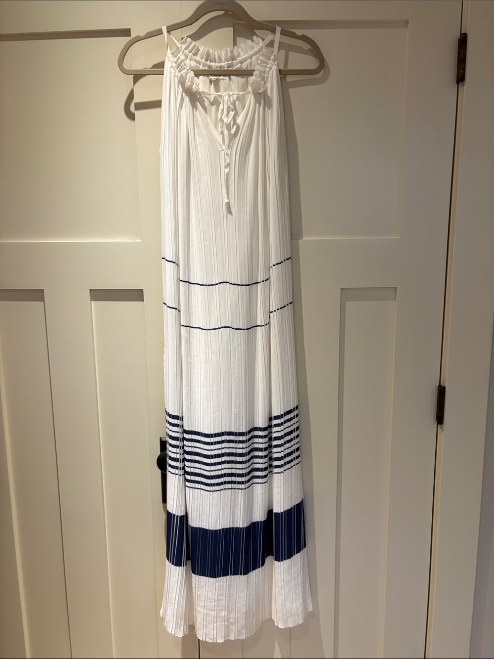 Max Studio White and Navy Striped Pleated Maxi Skirt